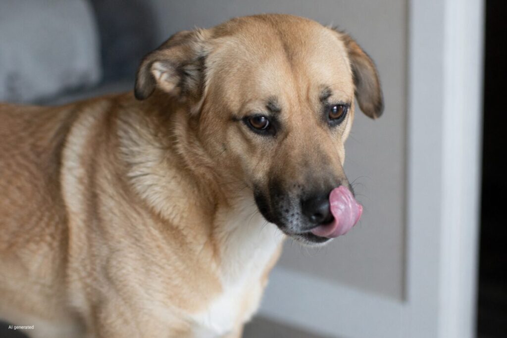 Hund leckt sich über die Nase